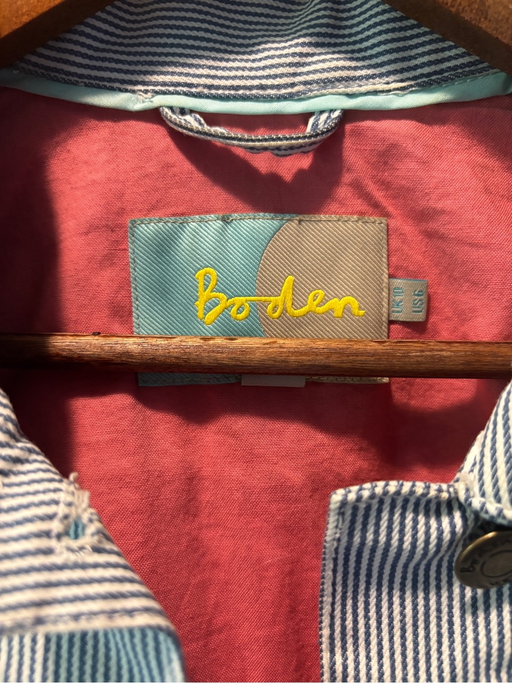 Boden Blue Pinstripe Denim Jacket with Pink Lining - Picture 2 of 3